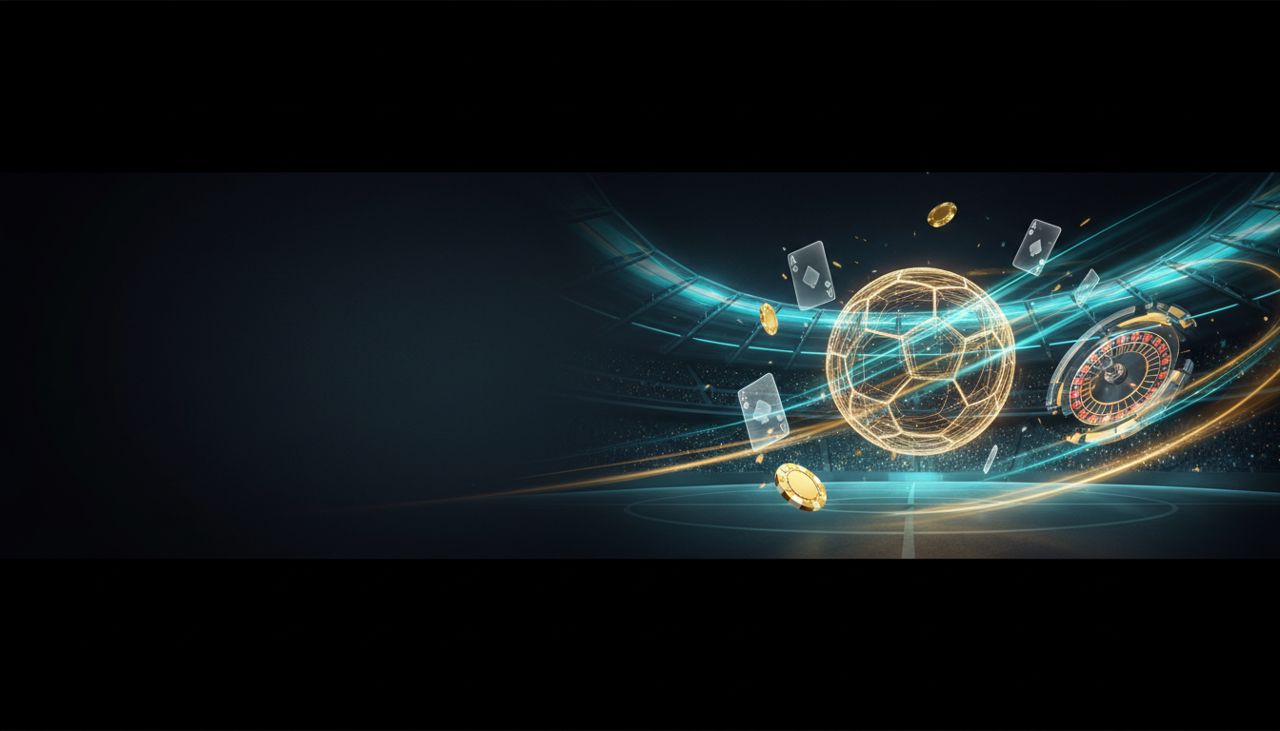Banner mobile a tema casinò e scommesse: stadio illuminato con fiches, carte e roulette stilizzate su sfondo scuro premium, soggetto a destra e area libera per il testo a sinistra.